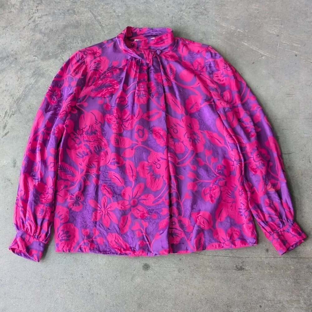 Vintage 80s Silk Raul Blanco Pink Purple Long Sleeve Midi Skirt Matching Set